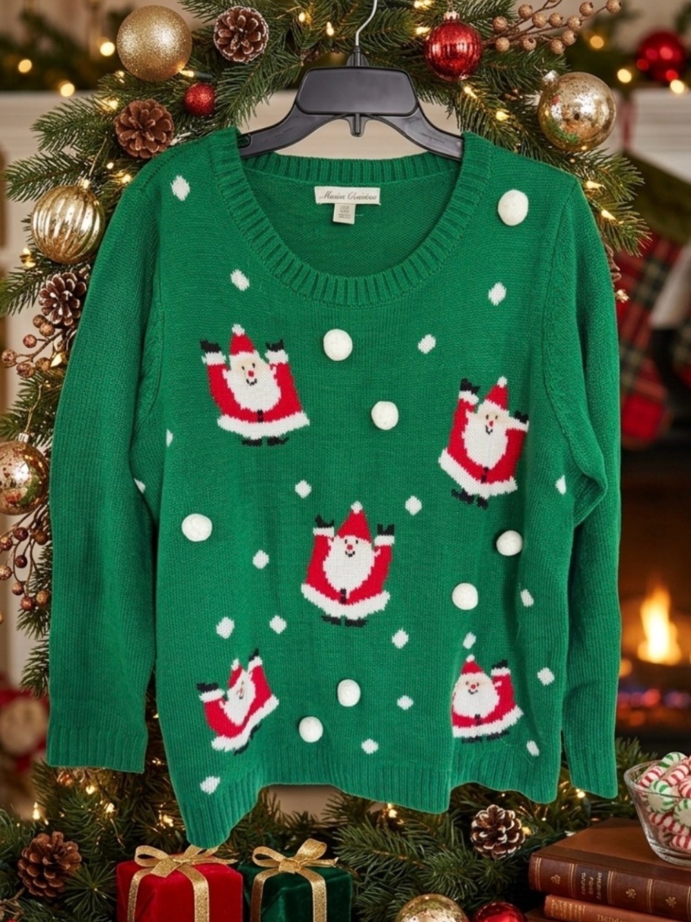 Marisa Christina Green 1 XL Santa Pom-Pom ugly Christmas holiday party Sweater